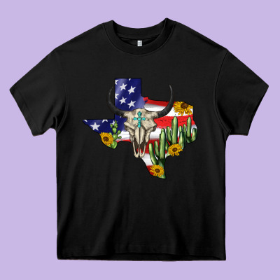 Bull Skull Texas Map American Playng Heavy Core Tee Designed By Barkaloodesign
