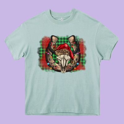 Christmas Horseshoe Bull Skull Heavy Core Tee Designed By Barkaloodesign