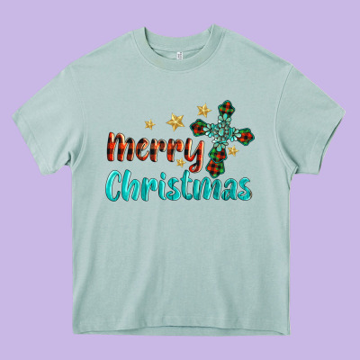 Merry Christmas Turquoise Gemstones Cross Heavy Core Tee Designed By Barkaloodesign