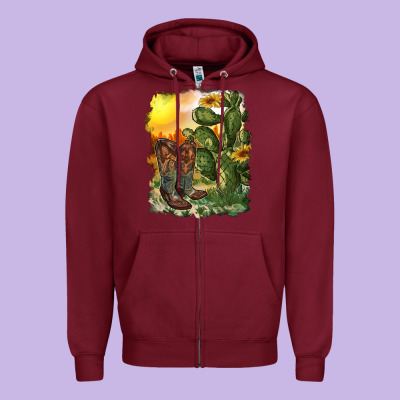 Western Boots With Cactus And Desert Zipper Hoodie Designed By Ranaportraitstore
