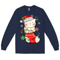 Navy christmas cat in Long Sleeve Tee - MaliasSmallBusiness