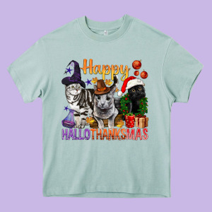 Happy Hallothanksmas Cats Heavy Core Tee Designed By Bundleandbundleshop