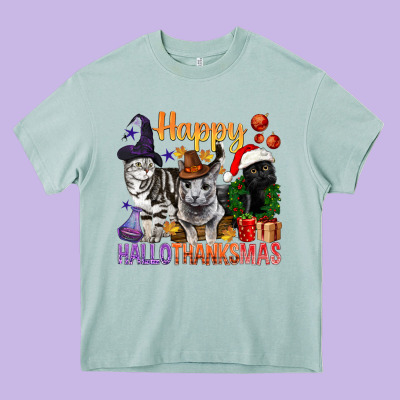 Happy Hallothanksmas Cats Heavy Core Tee Designed By Bundleandbundleshop