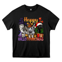 Black Happy Hallothanksmas Cats Heavy Core Tee - BundleAndBundleShop