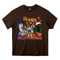 Chocolate Brown Happy Hallothanksmas Cats Heavy Core Tee - BundleAndBundleShop