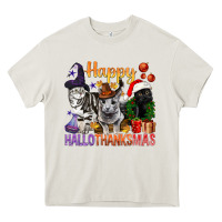 Cream Happy Hallothanksmas Cats Heavy Core Tee - BundleAndBundleShop