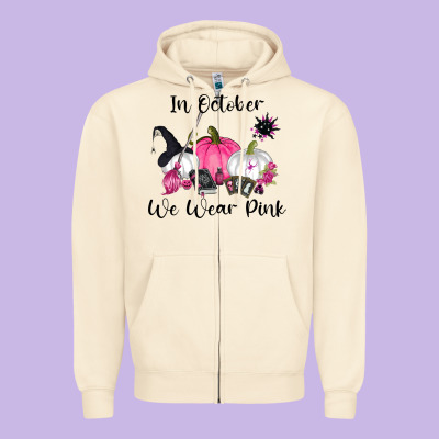 In October We Wear Pink Zipper Hoodie Designed By Ranaportraitstore
