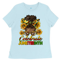 Baby Blue celebrate juneteenth black woman bun Ladies Tee - HRA Design Shop