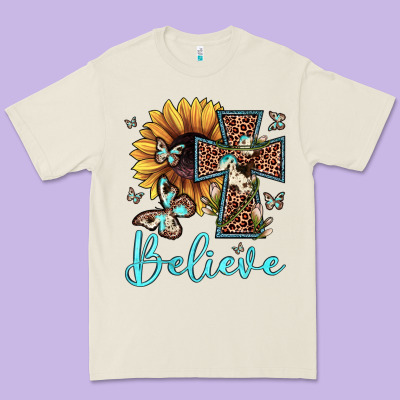 Believe Leopard Cross Sunflower Butterfly Premium Tee Designed By Jahusdesignshop