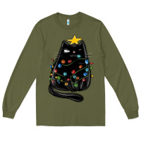 Army Green christmas cat with lights Long Sleeve Tee - MaliasSmallBusiness
