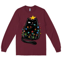Burgundy christmas cat with lights Long Sleeve Tee - MaliasSmallBusiness