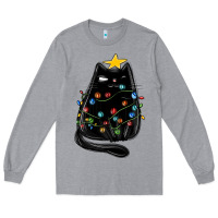 Heather Grey christmas cat with lights Long Sleeve Tee - MaliasSmallBusiness