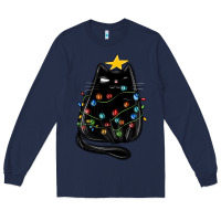 Navy christmas cat with lights Long Sleeve Tee - MaliasSmallBusiness