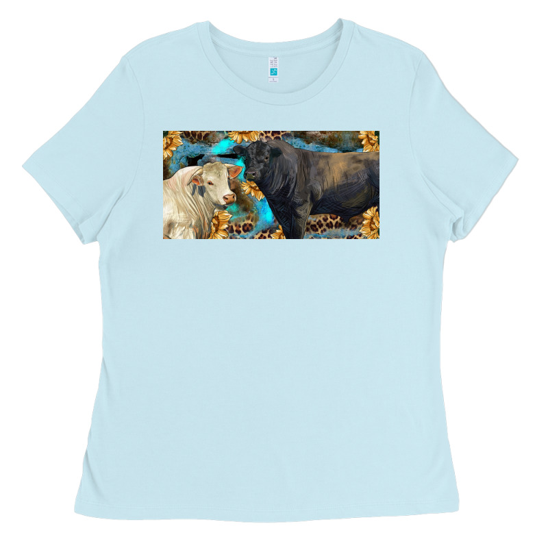 Charolais And Black Angus Bull With Sunflower And Leopard Ladies Tee by RanaPortraitStore | Teevron