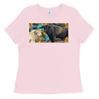 Bubblegum Pink Charolais and black angus bull with sunflower and leopard Ladies Tee - RanaPortraitStore