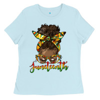 Baby Blue juneteenth black woman messy bun Ladies Tee - HRA Design Shop