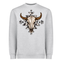 Heather Grey bull skull with aztec Heavyweight Sweatshirt - MaliasSmallBusiness