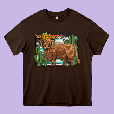 Western Cactus Highland Cow Heavy Core Tee Designed By Barkaloodesign