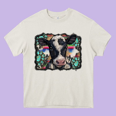 Western Background Turquoises Gemstones Black And White Baby Cow Heavy Core Tee Designed By Barkaloodesign