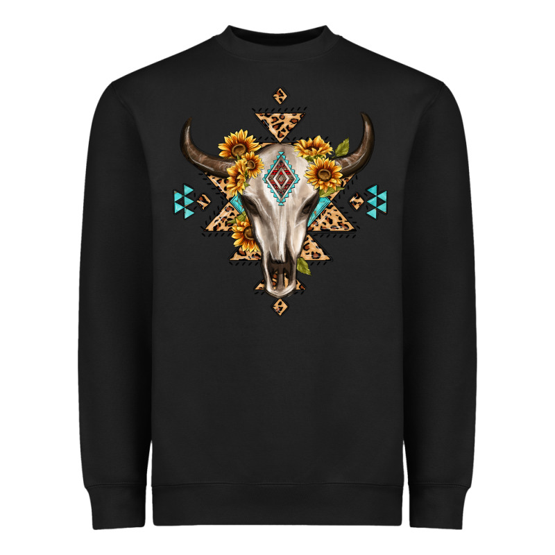 Bull Skull With Aztec Sunflower Leopard Heavyweight Sweatshirt by MaliasSmallBusiness | Teevron