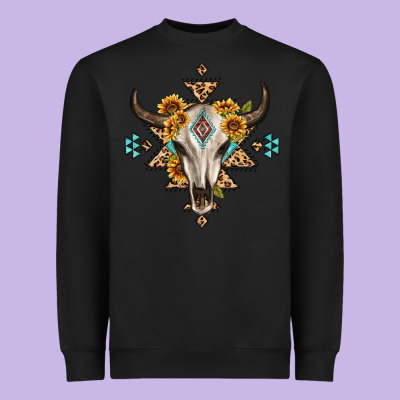Bull Skull With Aztec Sunflower Leopard Heavyweight Sweatshirt Designed By Maliassmallbusiness