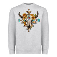 Heather Grey bull skull with aztec sunflower leopard Heavyweight Sweatshirt - MaliasSmallBusiness