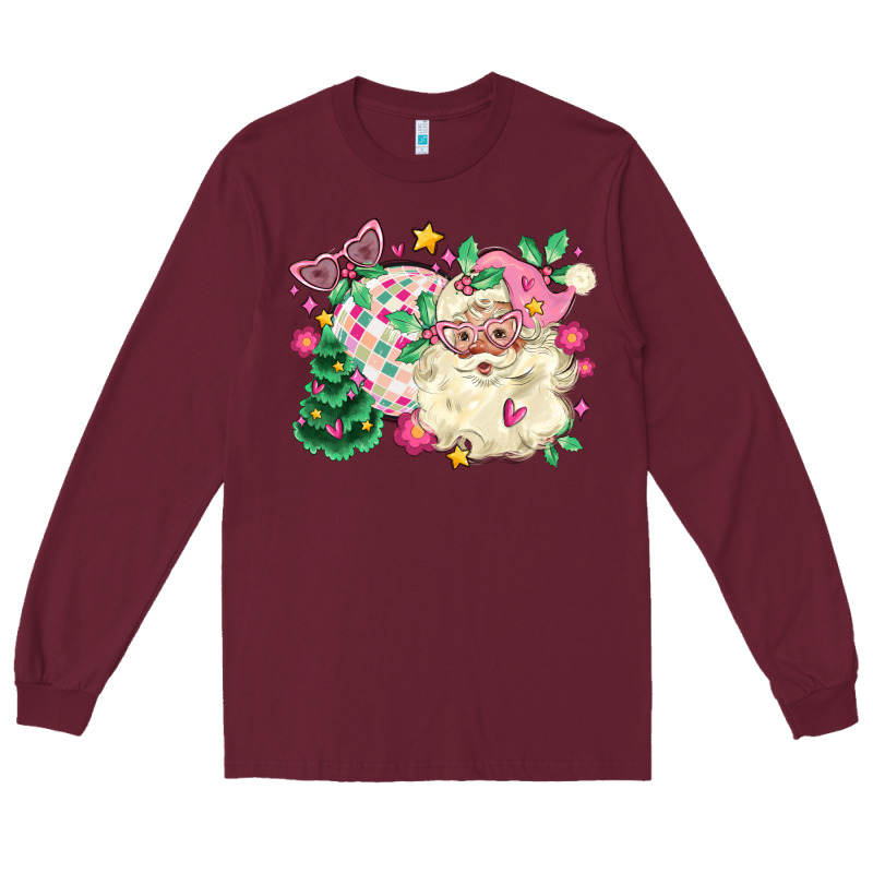 Pink Santa And Disco Ball With Christmas Tree Long Sleeve Tee by MaliasSmallBusiness | Teevron