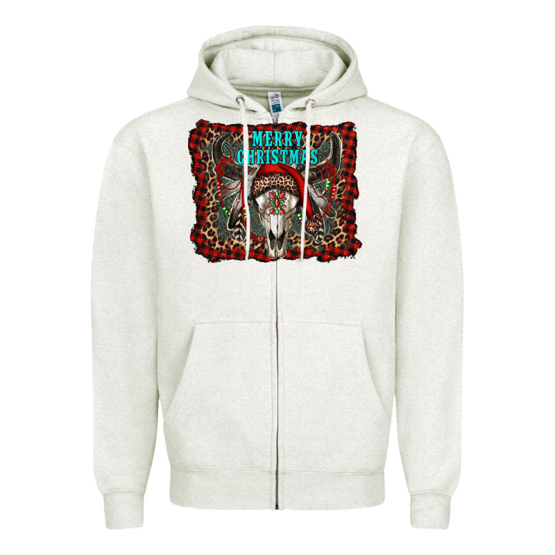 Merry Christmas Bull Skull Zipper Hoodie by RanaPortraitStore | Teevron