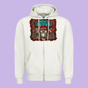 Merry Christmas Bull Skull Zipper Hoodie Designed By Ranaportraitstore