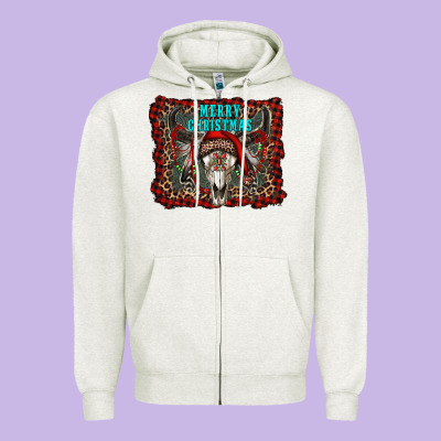 Merry Christmas Bull Skull Zipper Hoodie Designed By Ranaportraitstore