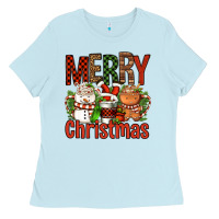 Baby Blue Merry Christmas Coffee Cups Ladies Tee - FaDigitalArtStudio