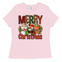 Bubblegum Pink Merry Christmas Coffee Cups Ladies Tee - FaDigitalArtStudio