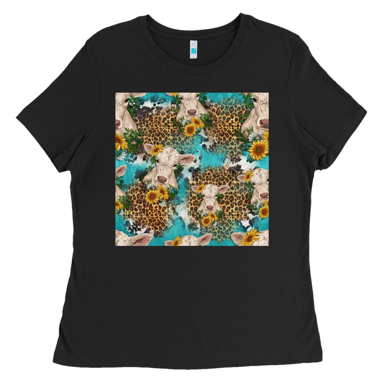 Charolais Cow And Sunflowers Seamless Pattern Ladies Tee by HRA Design Shop | Teevron