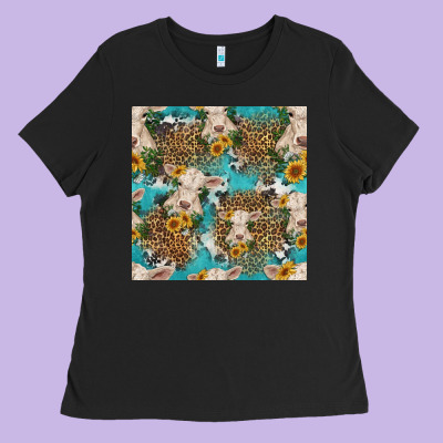 Charolais Cow And Sunflowers Seamless Pattern Ladies Tee Designed By Hra Design Shop