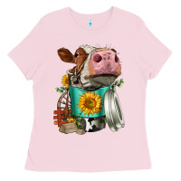 Bubblegum Pink Simmental Cow Coffee Cup Ladies Tee - FaDigitalArtStudio