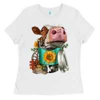 White Simmental Cow Coffee Cup Ladies Tee - FaDigitalArtStudio