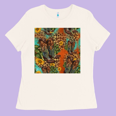 Western Boots And Sunflowers Seamless Pattern Ladies Tee Designed By Hra Design Shop