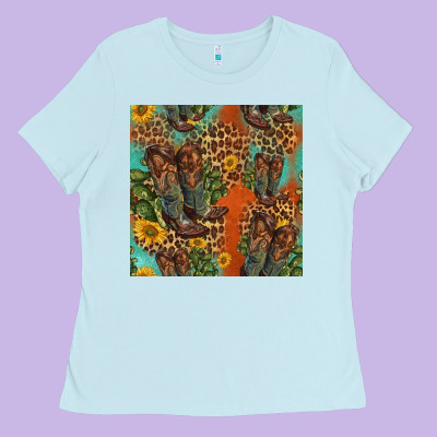 Western Boots And Sunflowers Seamless Pattern Ladies Tee Designed By Hra Design Shop