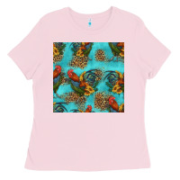 Bubblegum Pink rooster and sunflowers seamless pattern Ladies Tee - HRA Design Shop
