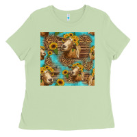 Matcha goat sunflowers seamless pattern Ladies Tee - HRA Design Shop