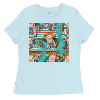 Baby Blue turquoise baby pig seamless pattern Ladies Tee - HRA Design Shop