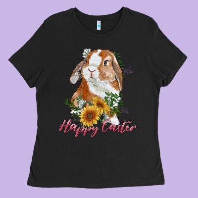 Happy Easter With Bunny And Sunflowers Ladies Tee Designed By Ranaportraitstore