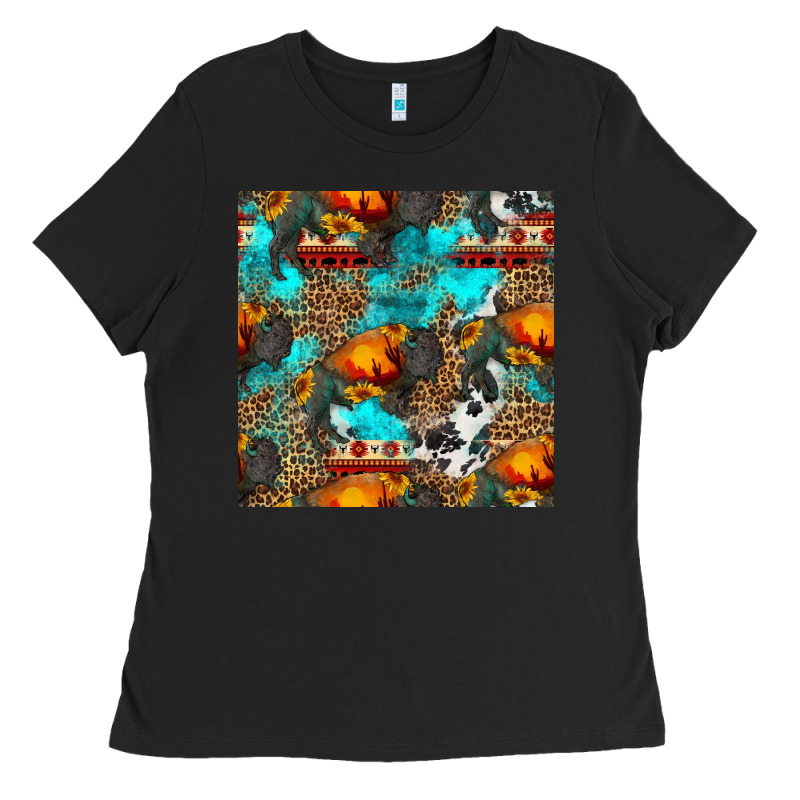 Western Sunset Bison And Sunflowers Seamless Pattern Ladies Tee by HRA Design Shop | Teevron