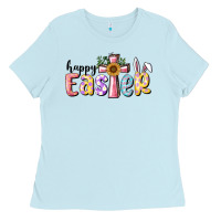 Baby Blue Happy Easter With Cross Ladies Tee - RanaPortraitStore