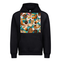 Black bakery coffee cups cookie and donut with turquoise glitter seamless pa Urban Hoodie - BundleAndBundleShop