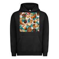 Pigment Black bakery coffee cups cookie and donut with turquoise glitter seamless pa Urban Hoodie - BundleAndBundleShop