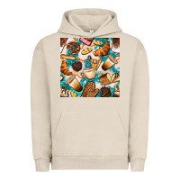Pigment French Oak bakery coffee cups cookie and donut with turquoise glitter seamless pa Urban Hoodie - BundleAndBundleShop