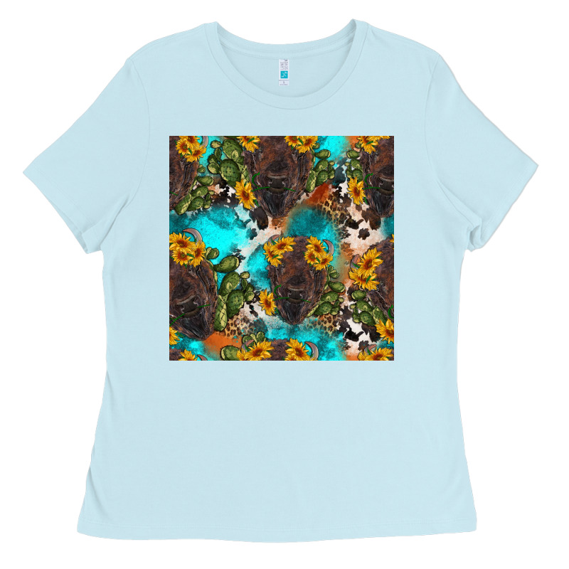 Western Bison And Sunflowers Seamless Pattern Ladies Tee by HRA Design Shop | Teevron