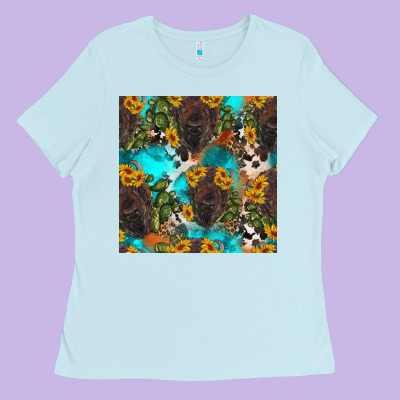 Western Bison And Sunflowers Seamless Pattern Ladies Tee Designed By Hra Design Shop
