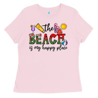 Bubblegum Pink the beach is my happy place Ladies Tee - CowhideDigitalArt